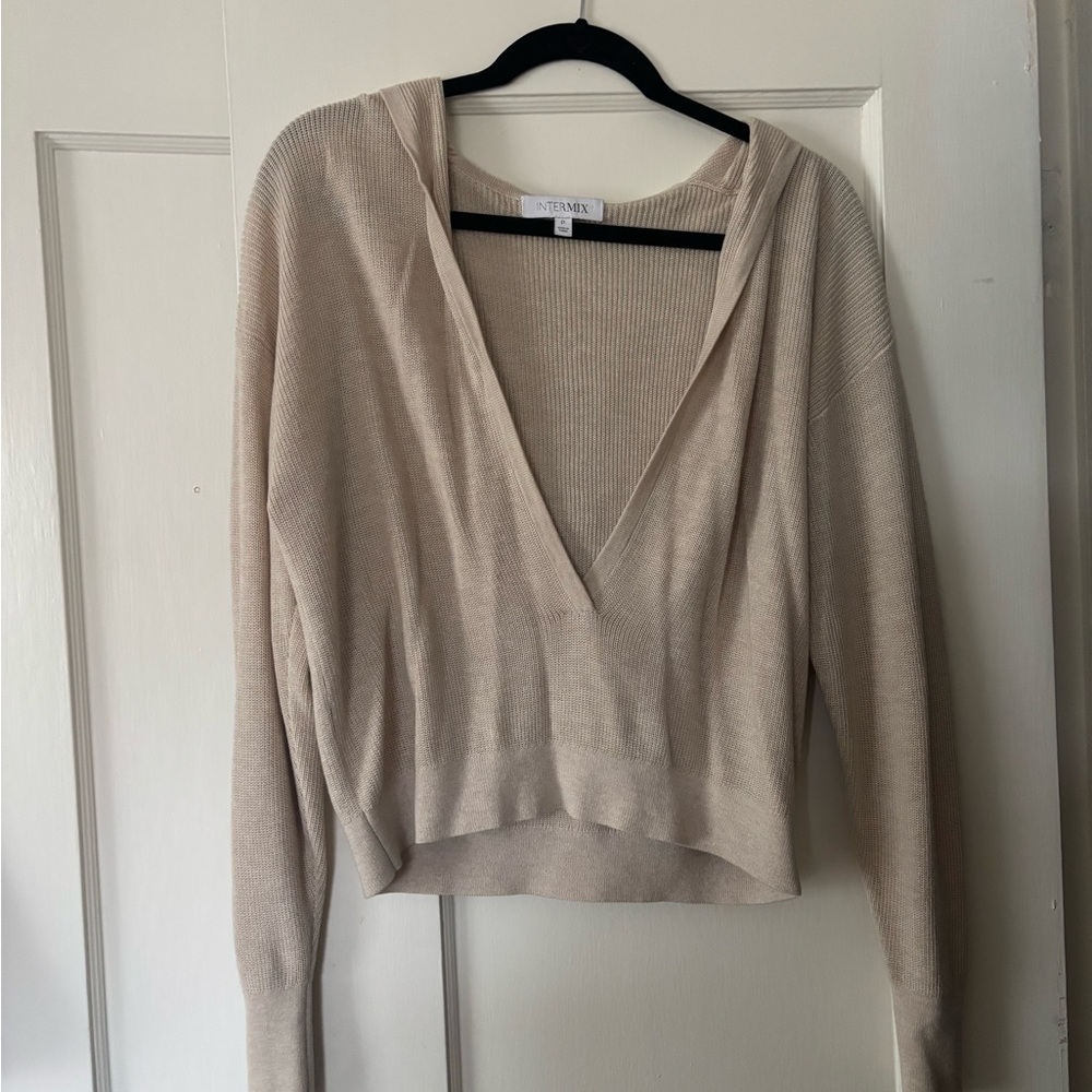 INTERMIX Cream V-Neck Sweater Hooded